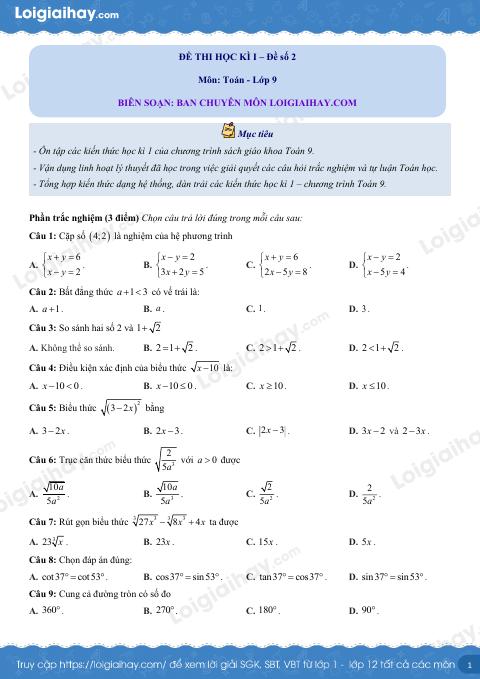Đề thi học kì 1 Toán 9 - Đề số 2